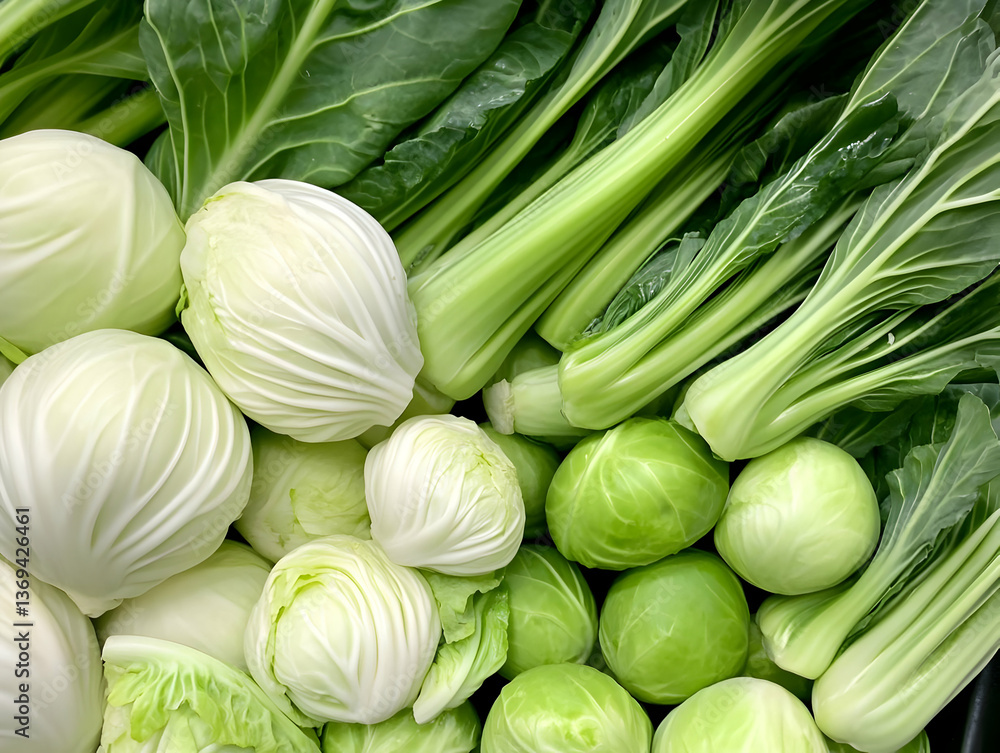 Close-up View of Fresh Green and White Cabbages and Bok Choy, Arranged Together in a Vibrant Display of Leafy Vegetables. Close-up View of Fresh Green and White Cabbages and Bok Choy, Arranged Together in a Vibrant Display of Leafy Vegetables.