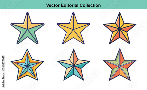 Geometric Star Vector Illustration Collection, A set of six vector illustrations featuring geometric star designs in various color combinations, ideal for modern and creative projects.
