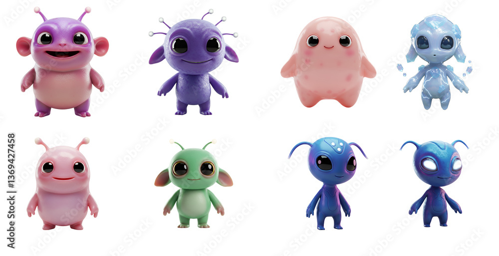Obraz premium Collection of eight colorful animated alien characters on display transparent background