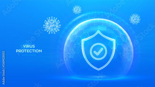 Virus protection. Healthcare. Vaccination. Virus cell. Antibiotic. Protection shield with Check mark icon inside transparent sphere shield with hexagon pattern on blue background. Vector illustration.