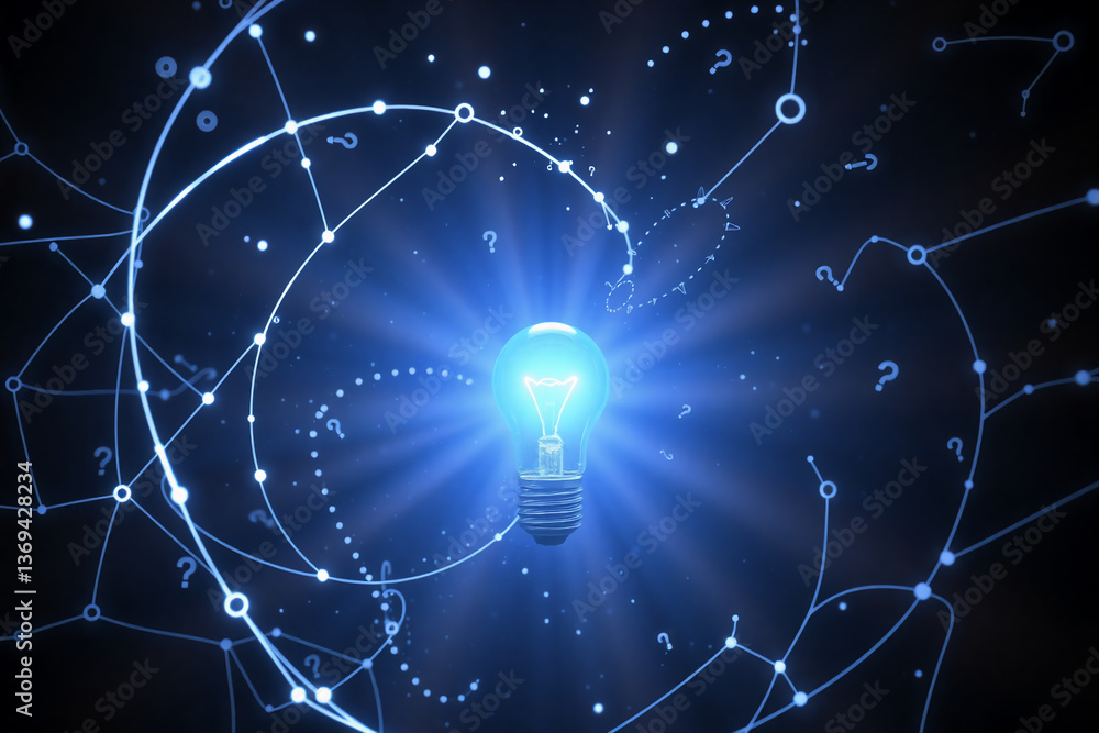 Fototapeta premium Illuminated bulb at center radiates blue light against dark. Connected nodes and question marks surround it, suggesting ideas and innovation.