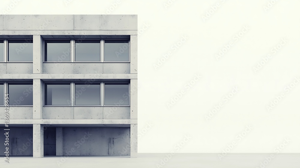 A minimalist concrete building facade with large windows, featuring a modern architectural design against a simple, light background. A minimalist concrete building facade with large windows, featuring a modern architectural design against a simple, light background.