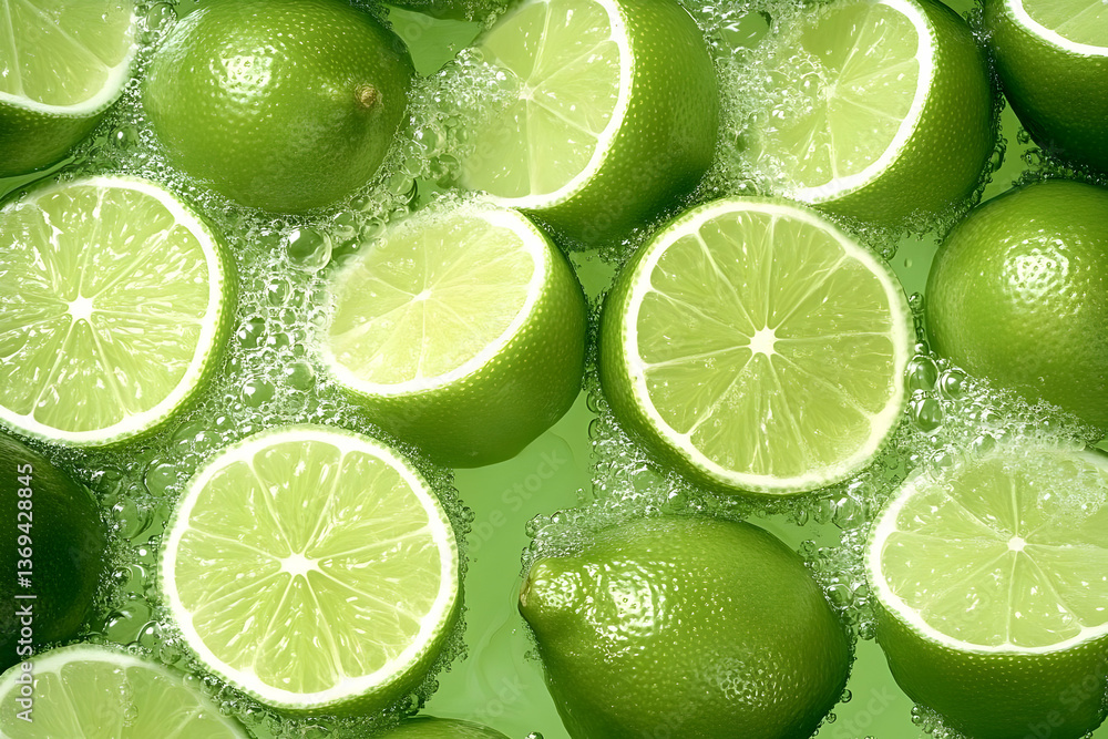 Vibrant Green Limes Submerged in Sparkling Water, a Refreshing and Juicy 3D Illustration Background