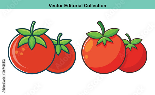 Vector Tomato Icons with Bright Red Color, A set of vector icons featuring ripe red tomatoes with green leaves, perfect for food, gardening, and agriculture themes.

