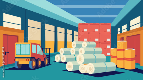 A warehouse filled with rolls of insulation materials ready to be transported and applied in various industrial settings.. Vector illustration