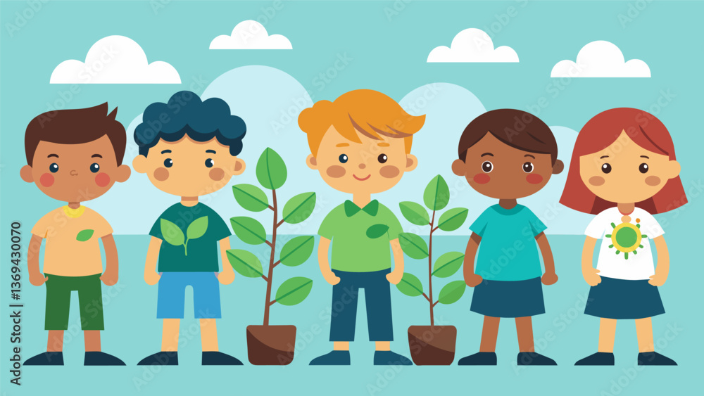 A group of children standing in a line each holding a newly planted tree with proud smiles on their faces.. Vector illustration