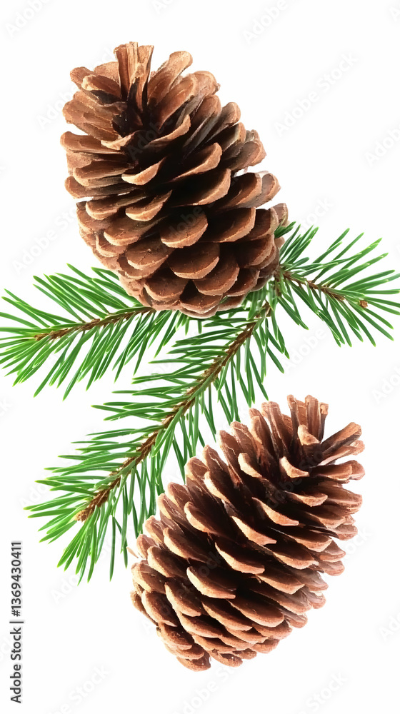 Two Brown Pine Cones Resting on a Lush Green Pine Branch, Isolated on White Background: A Detailed Botanical Illustration Two Brown Pine Cones Resting on a Lush Green Pine Branch, Isolated on White Background: A Detailed Botanical Illustration