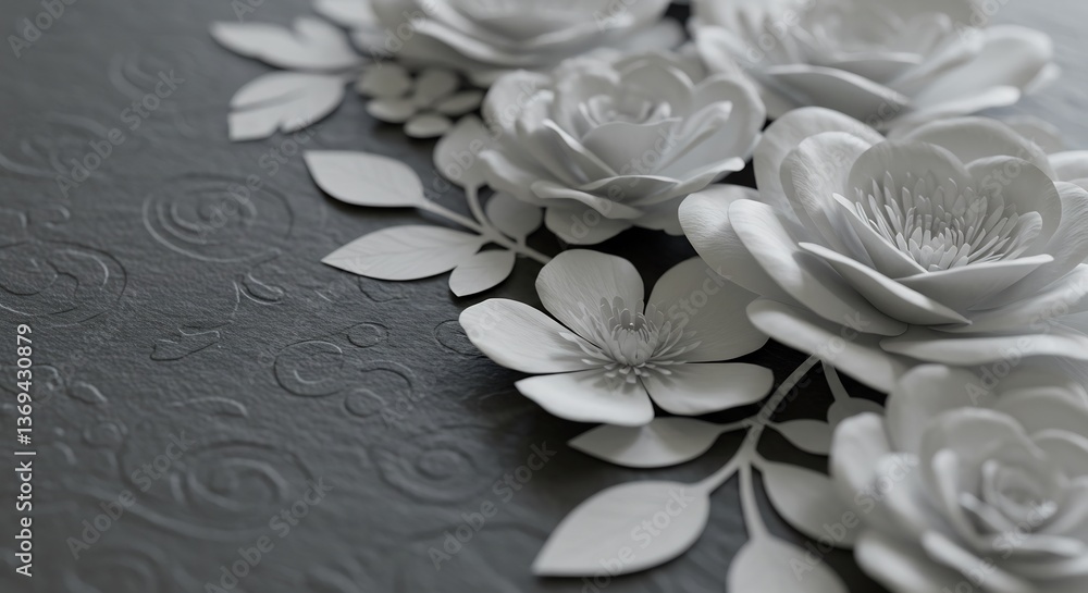 Elegant paper flowers bloom softly against a textured gray backdrop creating a serene monochromatic aesthetic.. AI Generated Elegant paper flowers bloom softly against a textured gray backdrop creating a serene monochromatic aesthetic.. AI Generated