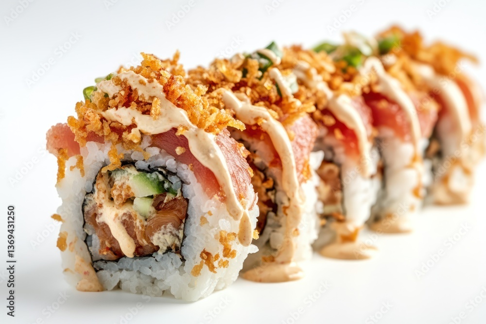 A close-up of a spicy tuna roll topped with crispy tempura flakes and spicy mayo drizzle, rich textures, isolated on a white background. A close-up of a spicy tuna roll topped with crispy tempura flakes and spicy mayo drizzle, rich textures, isolated on a white background.
