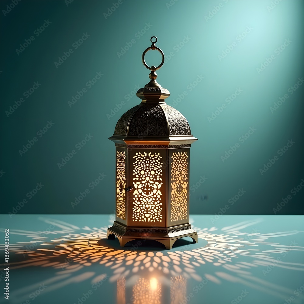 A beautifully illuminated Ramadan lantern, glowing warmly against a deep blue background, symbolizing the spirit of the holy month.