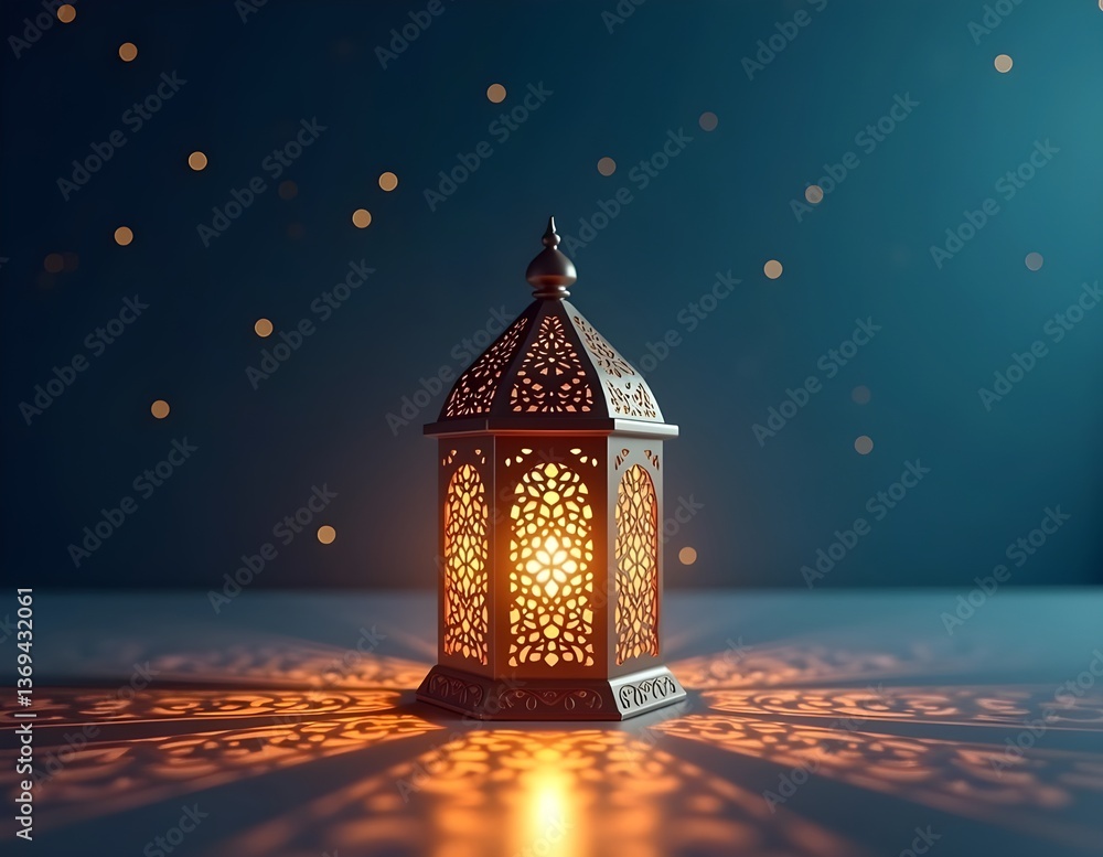 A beautifully illuminated Ramadan lantern, glowing warmly against a deep blue background, symbolizing the spirit of the holy month.
