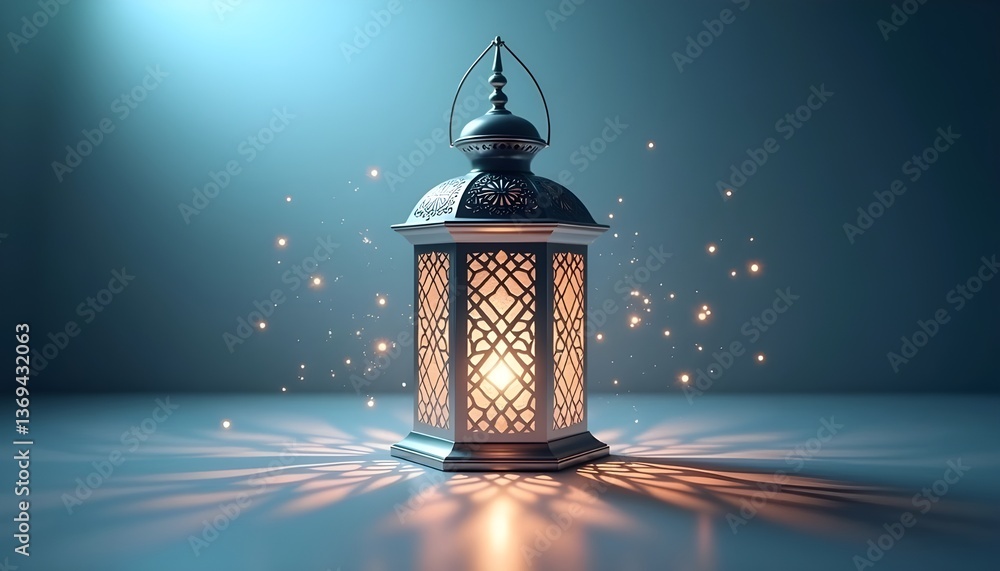 A beautifully illuminated Ramadan lantern, glowing warmly against a deep blue background, symbolizing the spirit of the holy month.