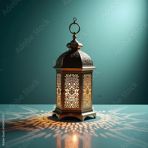 Obraz na płótnie A beautifully illuminated Ramadan lantern, glowing warmly against a deep blue background, symbolizing the spirit of the holy month.
w salonie