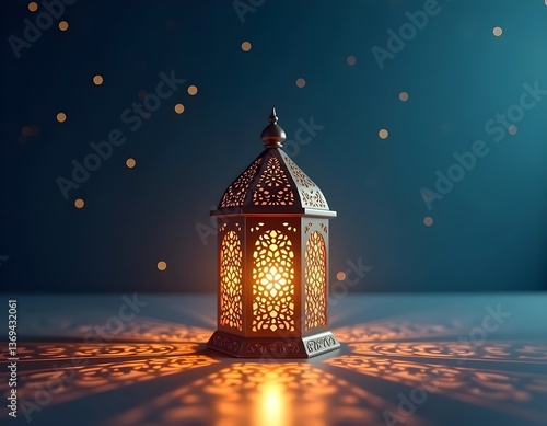Obraz na płótnie A beautifully illuminated Ramadan lantern, glowing warmly against a deep blue background, symbolizing the spirit of the holy month.
w salonie