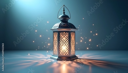 Obraz na płótnie A beautifully illuminated Ramadan lantern, glowing warmly against a deep blue background, symbolizing the spirit of the holy month.
w salonie