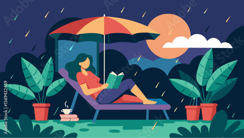 A makeshift reading nook set up in a covered backyard with a person lounging on a chaise chair escaping into a fantasy novel while rain pours down.. Vector illustration