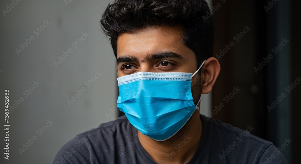 Man wearing light blue face mask thoughtful gaze soft light. AI Generated Man wearing light blue face mask thoughtful gaze soft light. AI Generated