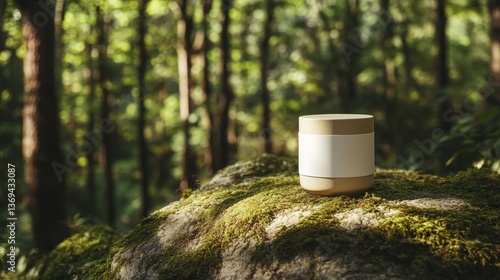 Minimalist ceramic container, blank label, nestled on moss-covered stone, forest canopy casting soft shadows.
