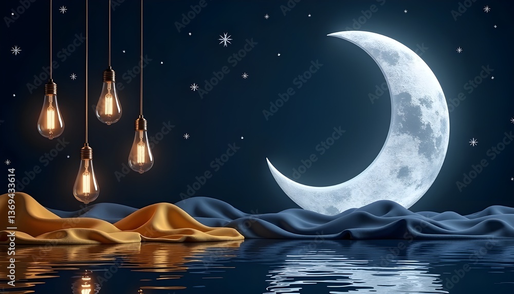 A radiant golden crescent moon with shimmering glittering particles positioned high in the sky at dark dawn, accompanied by a luxurious golden silk fabric gracefully floating from the sky to the horiz