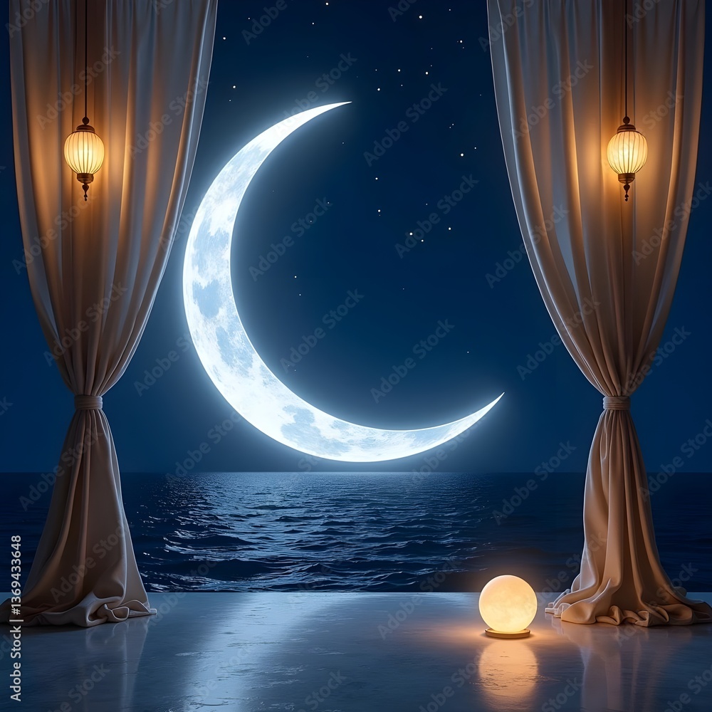 A radiant golden crescent moon with shimmering glittering particles positioned high in the sky at dark dawn, accompanied by a luxurious golden silk fabric gracefully floating from the sky to the horiz
