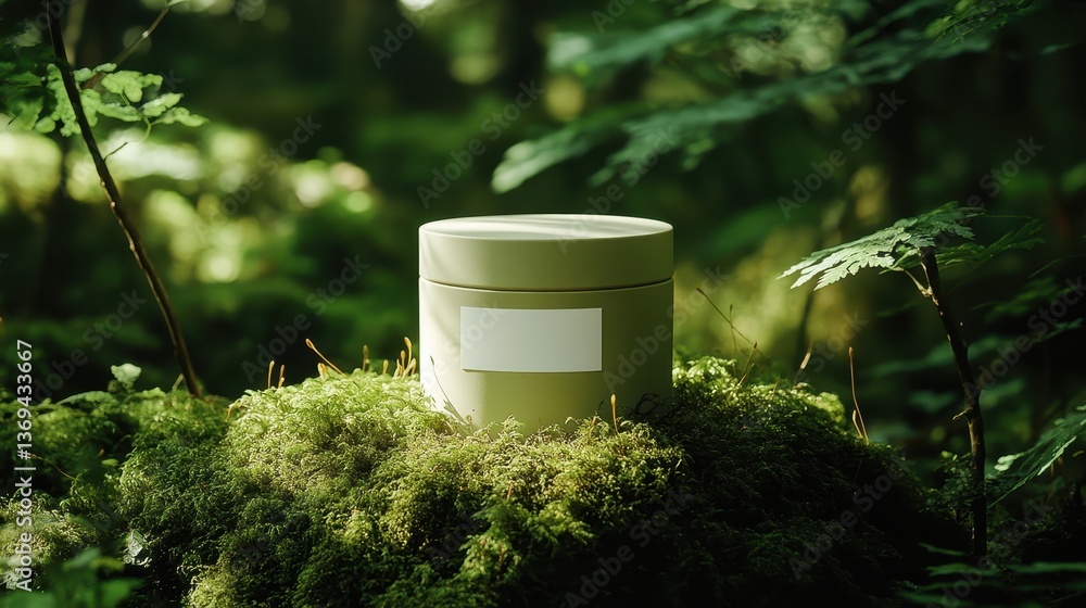 Elegant ceramic packaging, blank label, surrounded by lush moss, dappled light adding depth and texture.