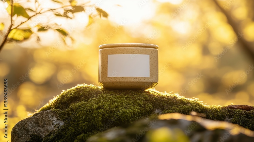 Floating ceramic container, blank label, gently hovering above mossy rock, kissed by warm golden sunlight.