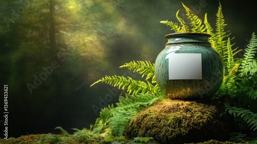 Obraz na płótnie Elegant ceramic jar, blank label, surrounded by wild ferns, resting atop a moss-covered stone, warm forest glow. w salonie