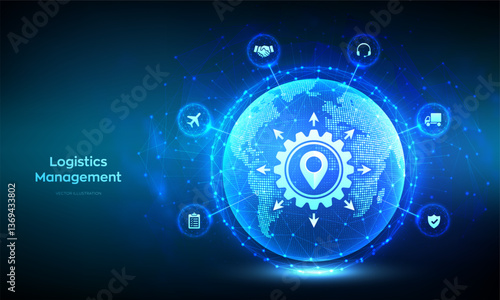 Logistics management. Smart logistics and transportation technology concept. Logistic global network distribution. Business of transport industrial. World map. Earth planet globe. Vector illustration.