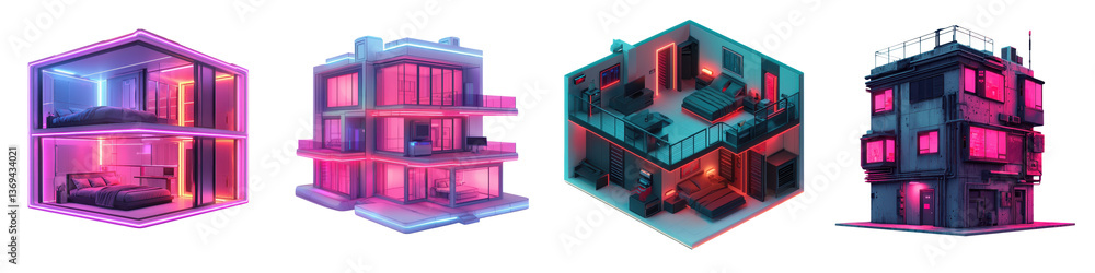 Obraz premium Visually striking geometric neon illuminated architectural forms showcasing a bold futuristic and minimalist design aesthetic