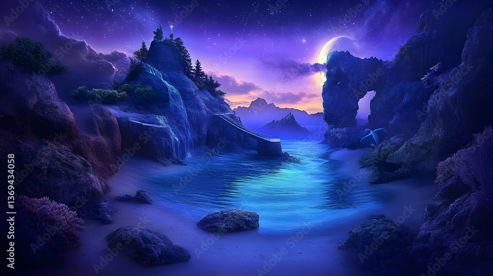 Enchanted Night Beach: A Digital Art Piece Depicting a Serene Coastal Scene under a Starlit Sky, with a Waterfall Cascading down Rocky Cliffs, a Stone Bridge, and Bioluminescent Waters. Enchanted Night Beach: A Digital Art Piece Depicting a Serene Coastal Scene under a Starlit Sky, with a Waterfall Cascading down Rocky Cliffs, a Stone Bridge, and Bioluminescent Waters.
