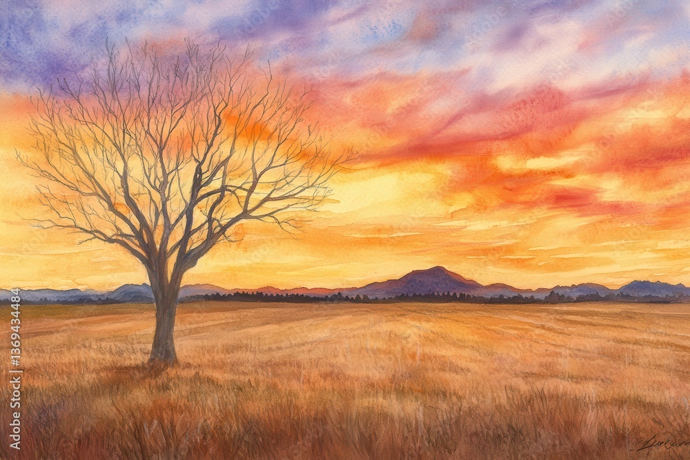 Fototapeta premium Fiery Sunset over Golden Field with Lone Tree Silhouette.