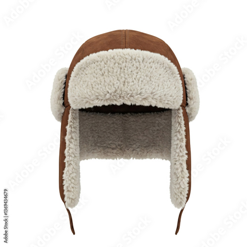 Brown fur-lined trapper hat, isolated on transparent background.
