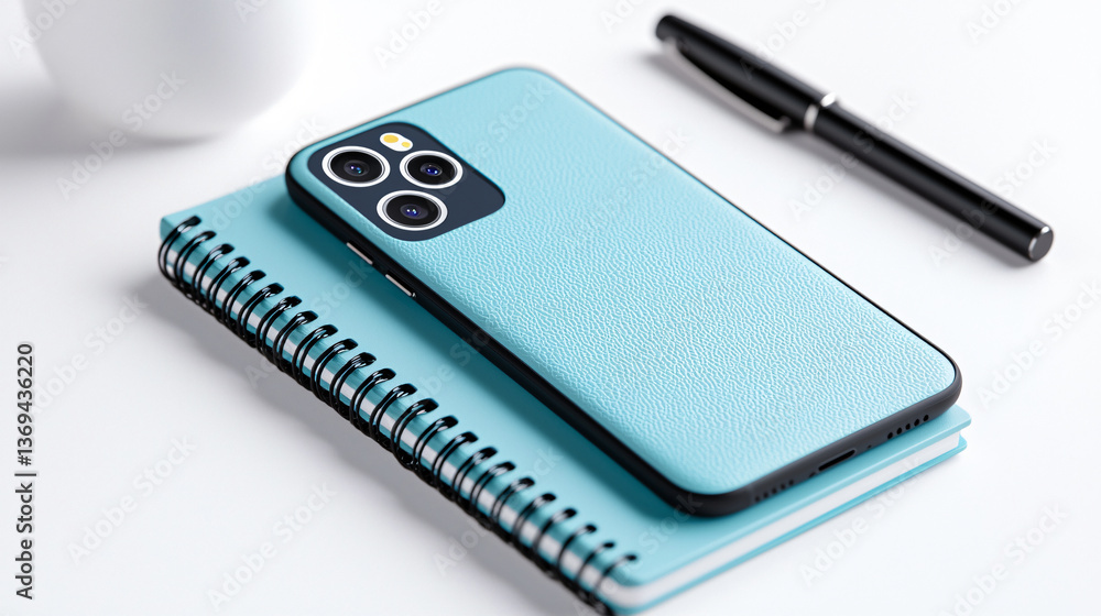 Mobile Telephone Device on a Notebook with Pen and White Sphere Still Life Composition Shot Mobile Telephone Device on a Notebook with Pen and White Sphere Still Life Composition Shot