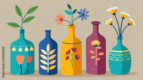 A set of handpainted vases repurposed from old mason jars and wine bottles.. Vector illustration
