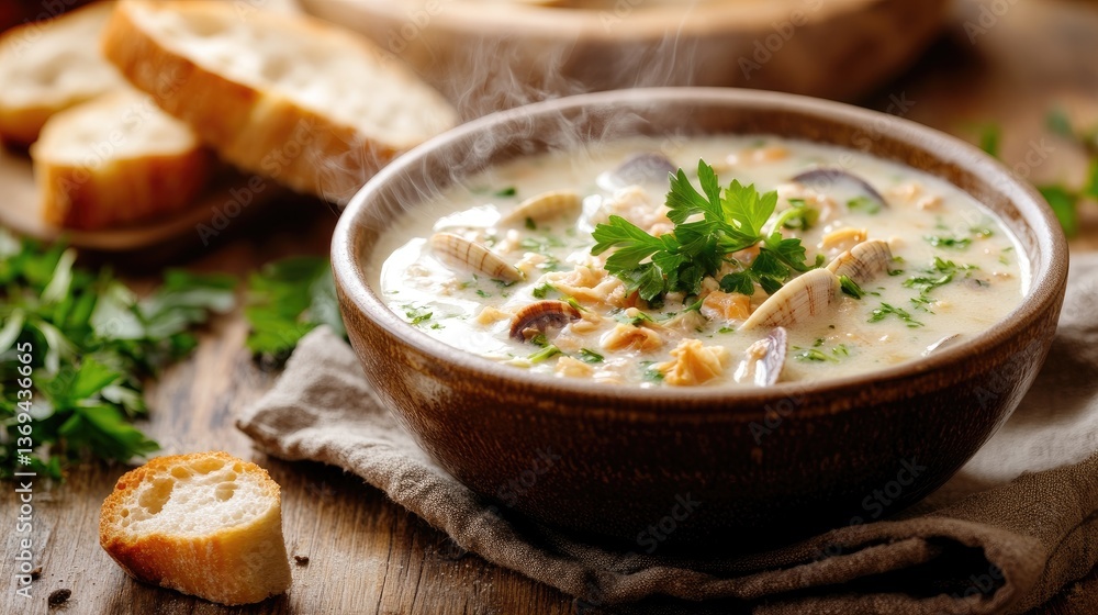 Creamy Seafood Chowder with Fresh Herbs and Crusty Bread Slices Creamy Seafood Chowder with Fresh Herbs and Crusty Bread Slices