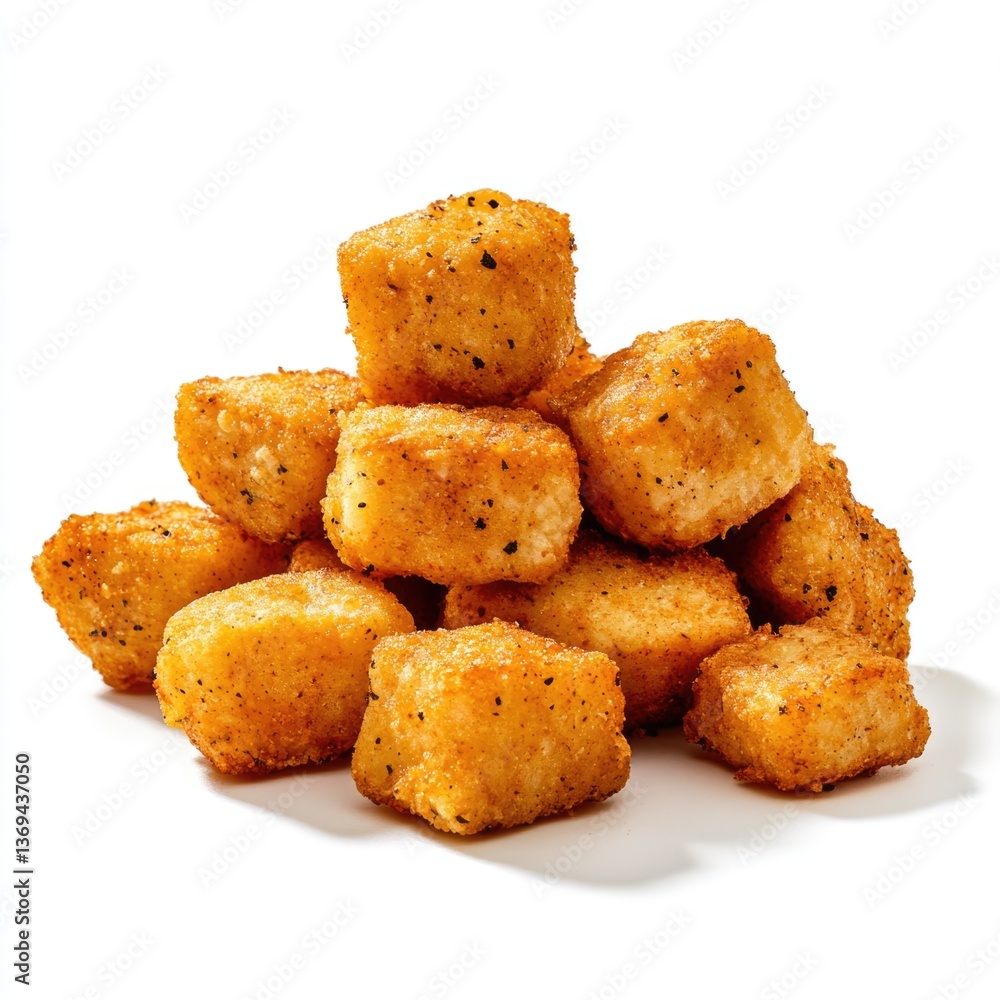 Crispy spicy nugget presentation isolated white background food photography standard scale close-up view Crispy spicy nugget presentation isolated white background food photography standard scale close-up view