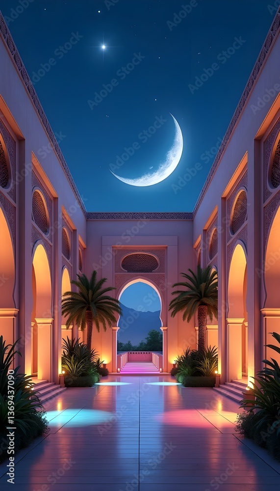 A deep blue sky with scattered wisps of clouds illuminated by a radiant crescent moon. In the background, a grand modern Arabic arch with intricate geometric patterns stands tall in a dimly lit space