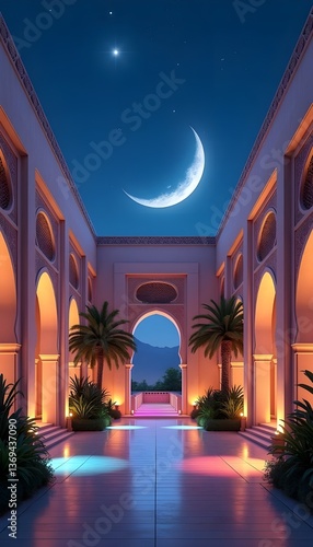 Obraz na płótnie A deep blue sky with scattered wisps of clouds illuminated by a radiant crescent moon. In the background, a grand modern Arabic arch with intricate geometric patterns stands tall in a dimly lit space
w salonie