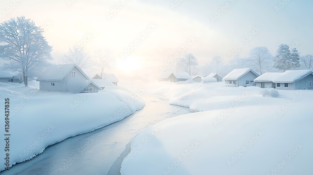 Snowy Village Sunrise for Winter River. Snowy Village Sunrise for Winter River.
