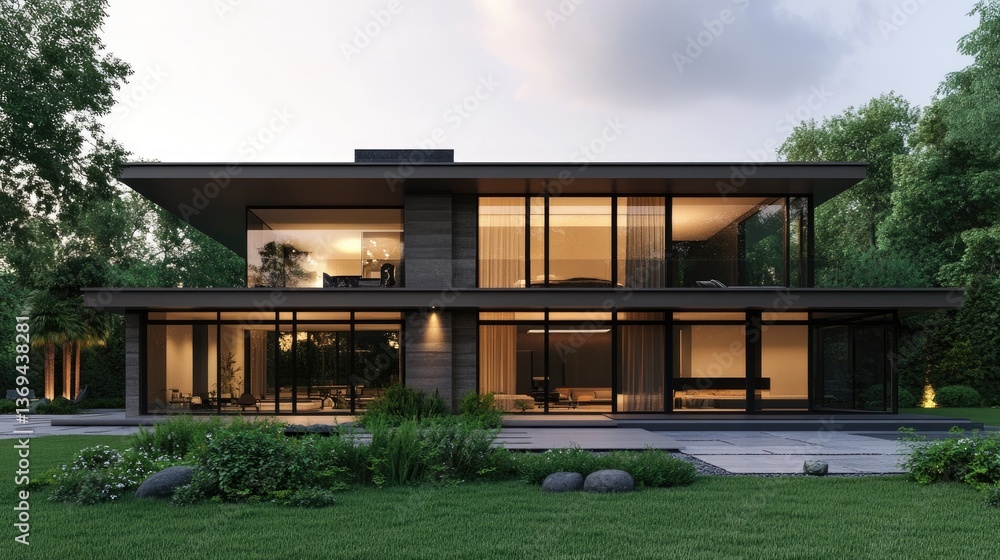 Modern Construction of Two-Story House Surrounded by Greenery Modern Construction of Two-Story House Surrounded by Greenery