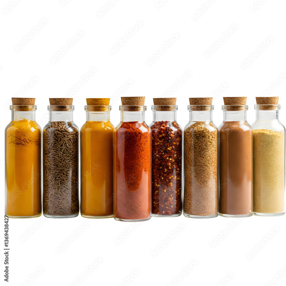 Various spices arranged in a glass, all on a clean white background Various spices arranged in a glass, all on a clean white background