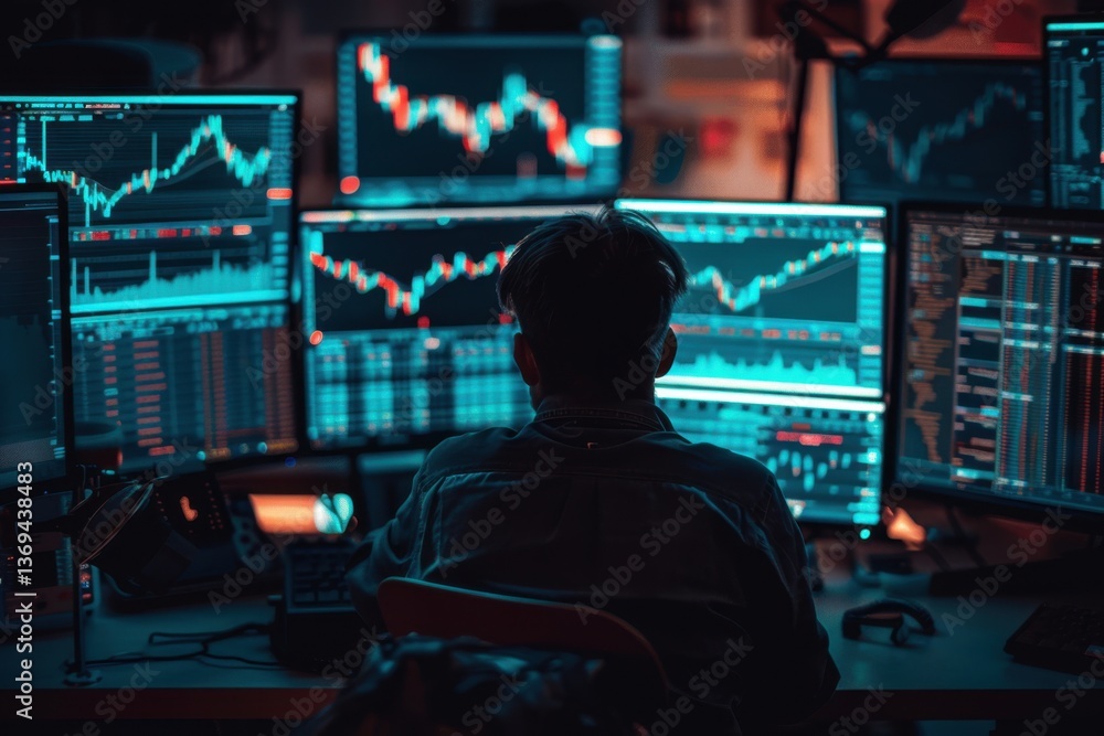 Focused Individual Analyzing Charts and Data on Multiple Computer Screens in a Modern Workspace with Stock Market Visualizations at Night Focused Individual Analyzing Charts and Data on Multiple Computer Screens in a Modern Workspace with Stock Market Visualizations at Night
