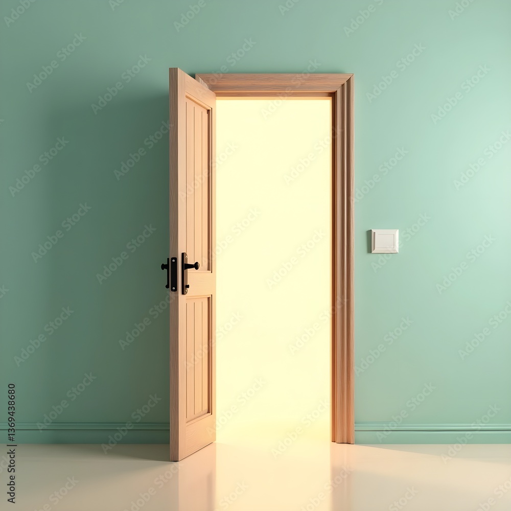 A captivating scene featuring a half-open door with radiant light spilling from within, creating an atmosphere of mystery, hope, and discovery.