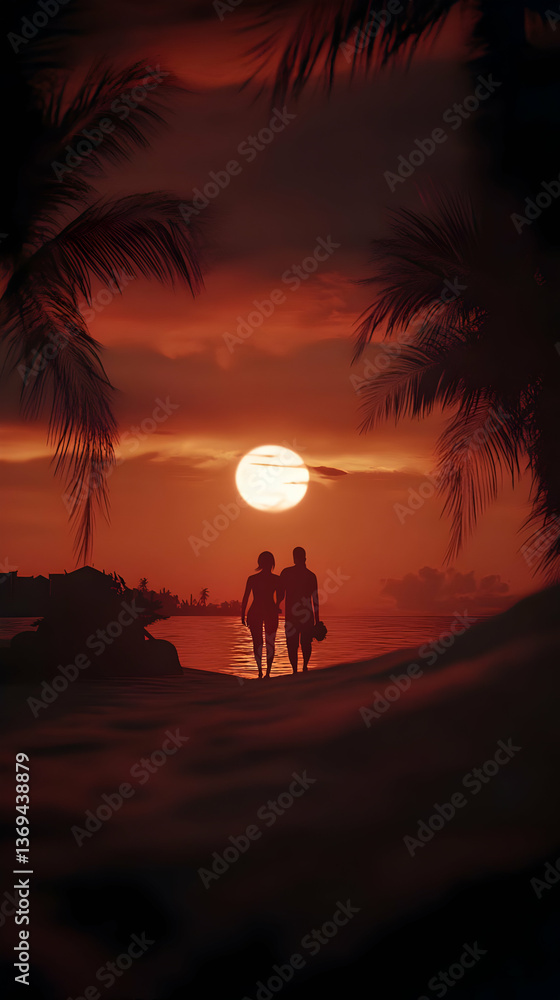 Silhouette of Couple Walking on Beach at Sunset, Tropical Palm Trees Frame the Romantic Scene, Digital Art Illustration Silhouette of Couple Walking on Beach at Sunset, Tropical Palm Trees Frame the Romantic Scene, Digital Art Illustration