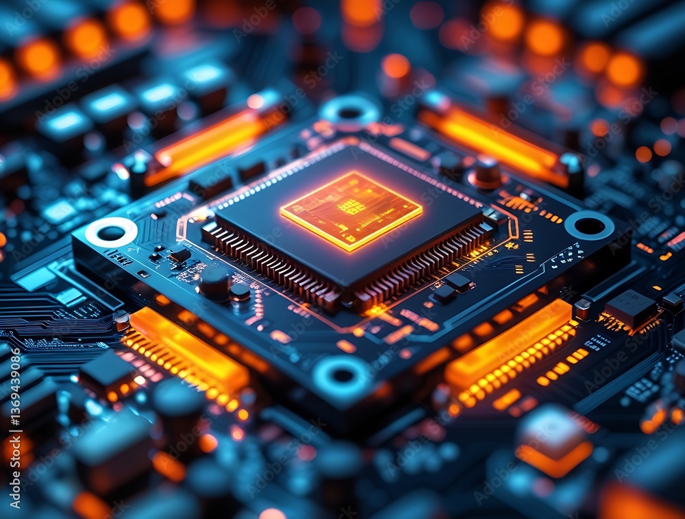 Futuristic close-up of a glowing microchip on a circuit board, illuminated with vibrant orange and blue lights, symbolizing advanced technology, innovation, and computing power
Futuristic close-up of a glowing microchip on a circuit board, illuminated with vibrant orange and blue lights, symbolizing advanced technology, innovation, and computing power