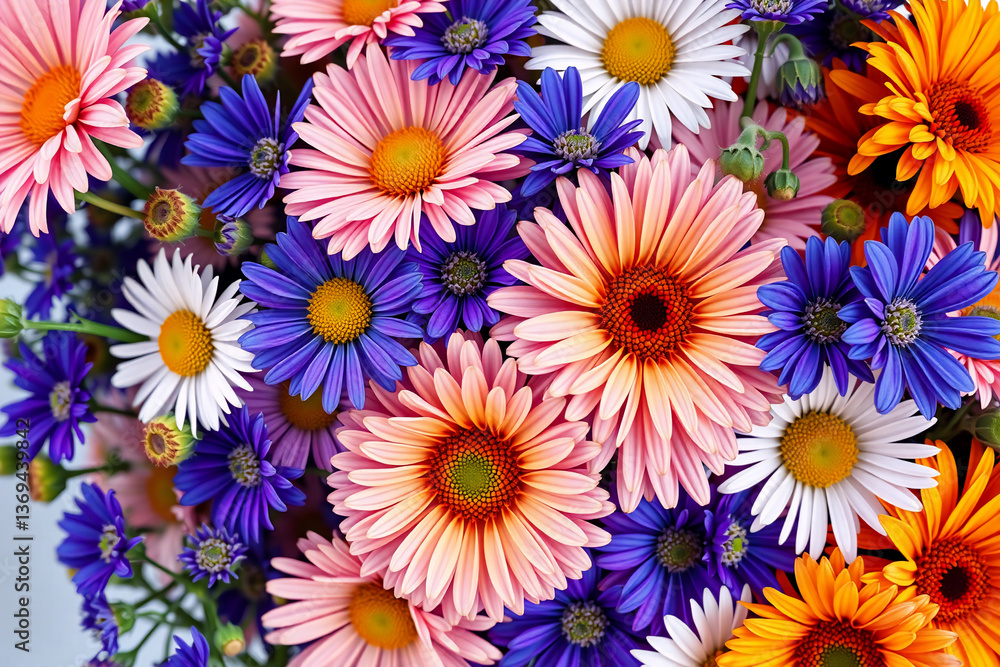 A colorful bunch of gerbera daisies and daisies in full bloom. The vibrant mix of pink, orange, yellow, blue, and white flowers creates a cheerful and fresh floral arrangement. A colorful bunch of gerbera daisies and daisies in full bloom. The vibrant mix of pink, orange, yellow, blue, and white flowers creates a cheerful and fresh floral arrangement.