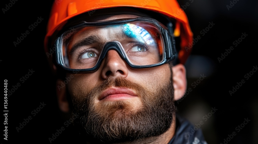 Focused worker in safety gear Focused worker in safety gear