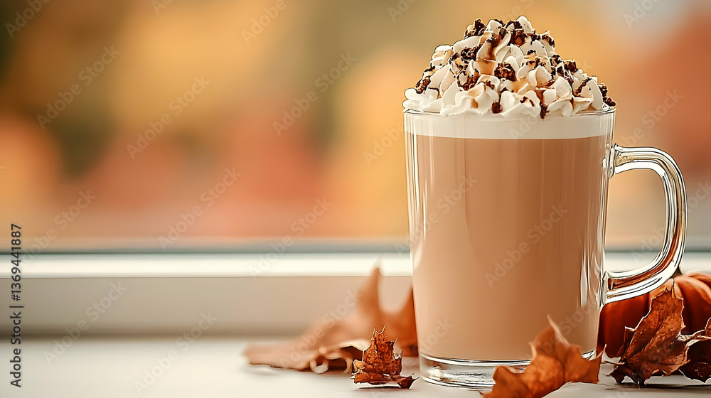 Autumnal Latte with Whipped Cream and Chocolate Drizzle sits on a windowsill near dried leaves, a cozy fall beverage.