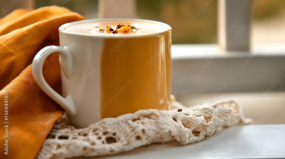 A Warm Autumnal Beverage in a Two-Tone Mug on a Lacy Doily, Enjoyed Outdoors