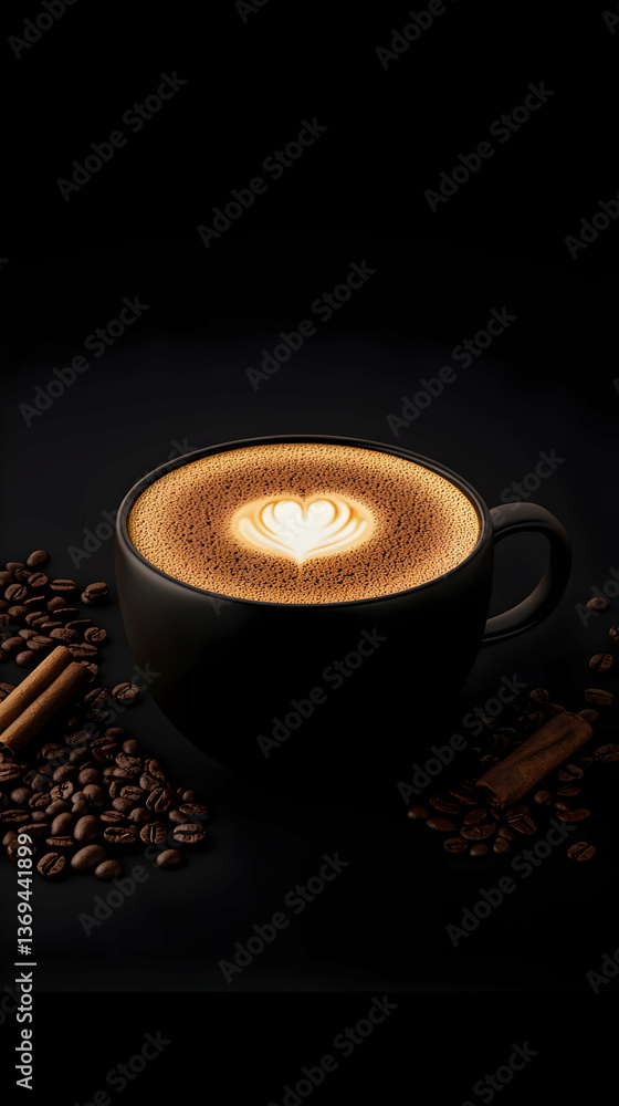 Aromatic Latte Art: 3D Render of a heart-shaped latte in a black mug, surrounded by coffee beans and cinnamon sticks on a dark background.
